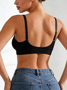 1pc Women's Backless Bra, Casual & Comfortable Wireless Bra With Ruffled Trim, Removable Padded Bra - Black - View 2