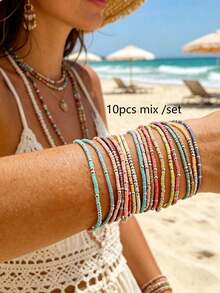 10pcs Mixed Color Random Bohemian Colorful Resin Bead & Silver CCB Beaded Bracelet Set For Women - 10pcs Silver Bead Mixed Color - View 16