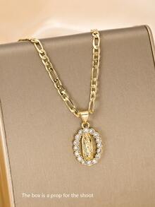 1PC Vintage Religious Style Women's Necklace, Virgin Mary Carving With Delicate Lines, Rich Vintage Charm. 50cm Smooth Figaro Chain Fits Neck Comfortably, Elegant And Sacred Elegant, Suitable For Daily Wear And Religious Worship, Combining Decorative And Commemorative Significance - Yellow Gold - View 8
