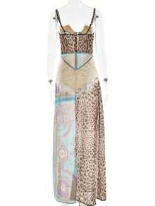 Vestido largo gasa tirantes sin hombros con abertura estilo chica sexy verano - Azul - Ver 8
