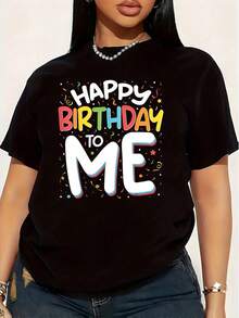 Happy Birthday To Me, Funny Birthday Party T-Shirt, Plus Size For Women, 1 Piece, Oversized Graphic Short Sleeve T-Shirt, Novelty, 100% Cotton, Casual Crew Neck - 黑色 - 查看 1