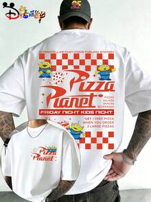 Disney Toy Story Pizza Planet Alien Graphic Tee, Men's Retro Oversized Crew Neck T-Shirt, Space Alien Print White Streetwear - 白色 - 查看 1