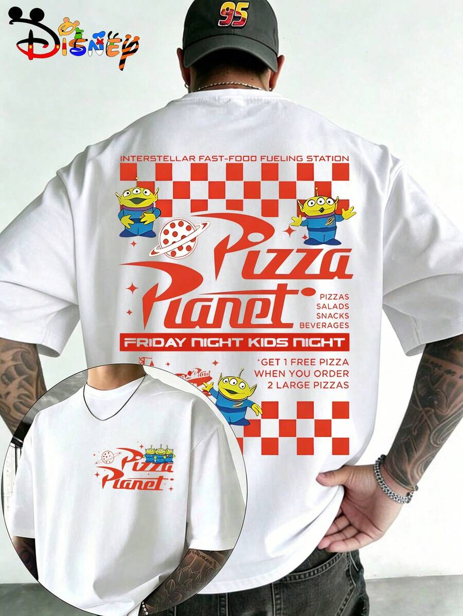 Disney Toy Story Pizza Planet Alien Graphic Tee, Men's Retro Oversized Crew Neck T-Shirt, Space Alien Print White Streetwear - 白色 - 查看 1