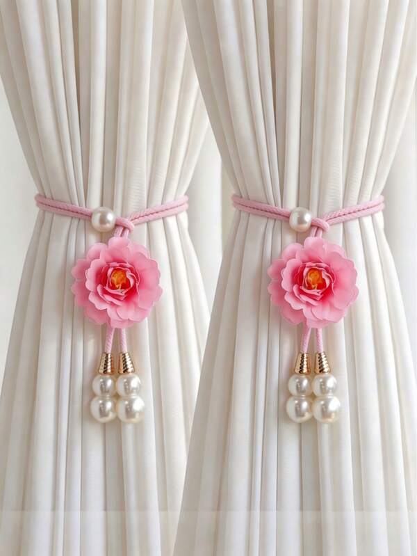 1/2pcs Realistic Fabric Rose Curtain Tiebacks, Vintage Romantic Valentine's Day Curtain Ropes, Lifelike Floral Curtain Hanging Ropes, No-Drill Decorative Curtain Tiebacks, Suitable For Bedroom And Living Room, Valentine's Day, Wedding, Anniversary Decoration