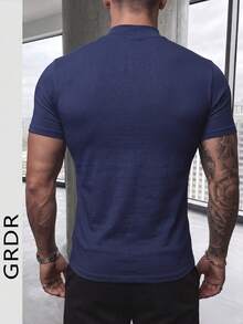 GRDR Men's Fashionable Mock Neck Short Sleeve T-Shirt | Exquisite Design | Summer Essential | Easy To Match | Showcase Your Style - Navy Blue - View 3