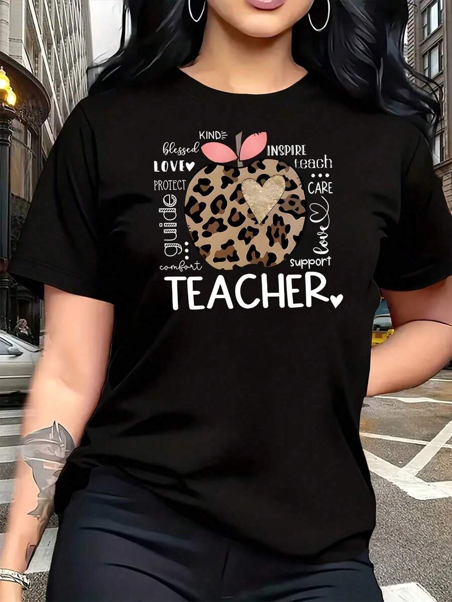 "Bendecido, Amor, Inspirar, Enseñar, Cuidar, Apoyar" con Diseño de Corazón y Manzana, Camiseta de Talla Grande para Mujer, 1 Pieza, Divertida, con Estampado Gráfico, Manga Corta, Novedosa, 1 - Negro - Ver 1