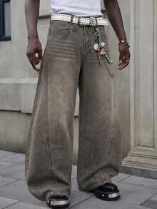 1Pc Of Men's Patchwork Deconstructed Baggy Wide-Leg Jeans, American Retro Deconstructed Denim Pants - Light Grey - View 3