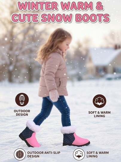 Girls Cute Style Thermal Lined Snow Boots, Pink & Blue Color Block Polka Dot Fur Trim Side Zipper Non-Slip Soft Sole Warm Autumn/Winter Kids Boots