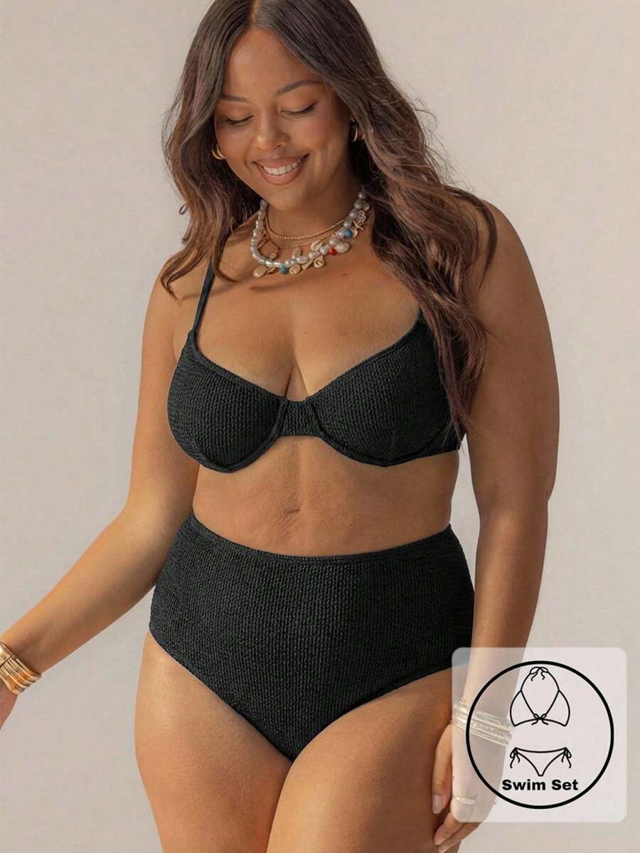Striped High-Waisted Underwire Bikini Set With Swim Bag, Perfect For Vacations And The 4th Of July, For Summer Outfits And Beach Days - 黑色 - 查看 1