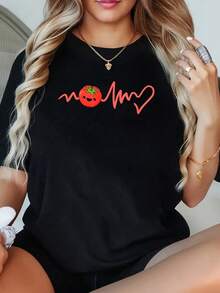 1 Pieza Camiseta de Mujer Talla Grande con Estampado de Tomate y Latidos del Corazón, Manga Corta, 220g, 100% Poliéster, Estilo Casual con Cuello Redondo - Negro - Ver 1