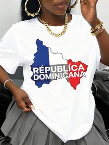 Camiseta de algodón negra para mujer con mapa de la bandera de la República Dominicana, diseño patriótico para el Día de la Independencia y celebraciones culturales. - Blanco - Ver 1
