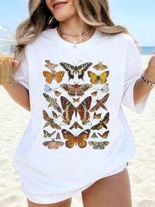 Women's Butterfly Print T-Shirt, Summer, Beach, Casual, Loose Fit, White, Graphic T-Shirt For Women, Fashionable Nature-Inspired T-Shirt - 白色 - 查看 1