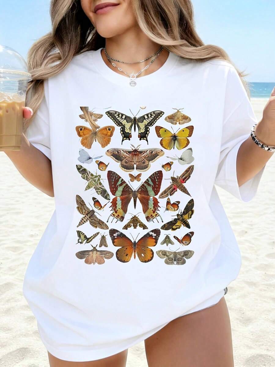 Women's Butterfly Print T-Shirt, Summer, Beach, Casual, Loose Fit, White, Graphic T-Shirt For Women, Fashionable Nature-Inspired T-Shirt - 白色 - 查看 1