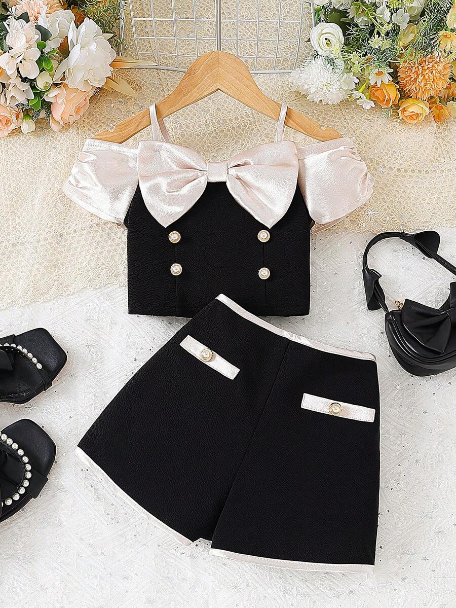 2pcs/Set Young Girl Fashionable Elegant Satin Bow Camisole Top And Colorblock Shorts Summer Outfit - Black - View 1