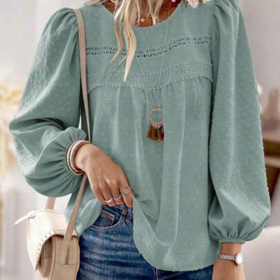 Blusa de manga larga de cuello redondo con textura de tela minimalista, casual y elegante para mujer, camiseta de vacaciones de otoño y primavera - Verde - Ver 1