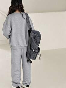 2pcs/Set Girls' Outfit, Cool Letter Print Sweatshirt & Joggers, Soft Fabric Casual Streetwear - Grey - View 2