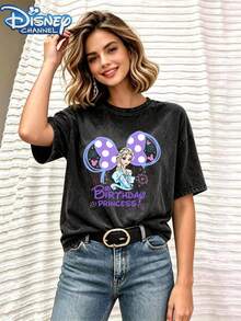 Disney Frozen Princess Elsa Minnie Bow Birthday Print Pattern, Fashion Cartoon Design, Vintage Wash Women's T-Shirt - Black - View 2