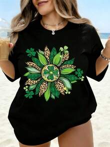 Camiseta Blanca con Estampado de Leopardo, Girasol y Trébol para el Día de San Patricio, Ropa de Playa para Mujer, Top Casual de Verano de Talla Grande - Negro - Ver 1