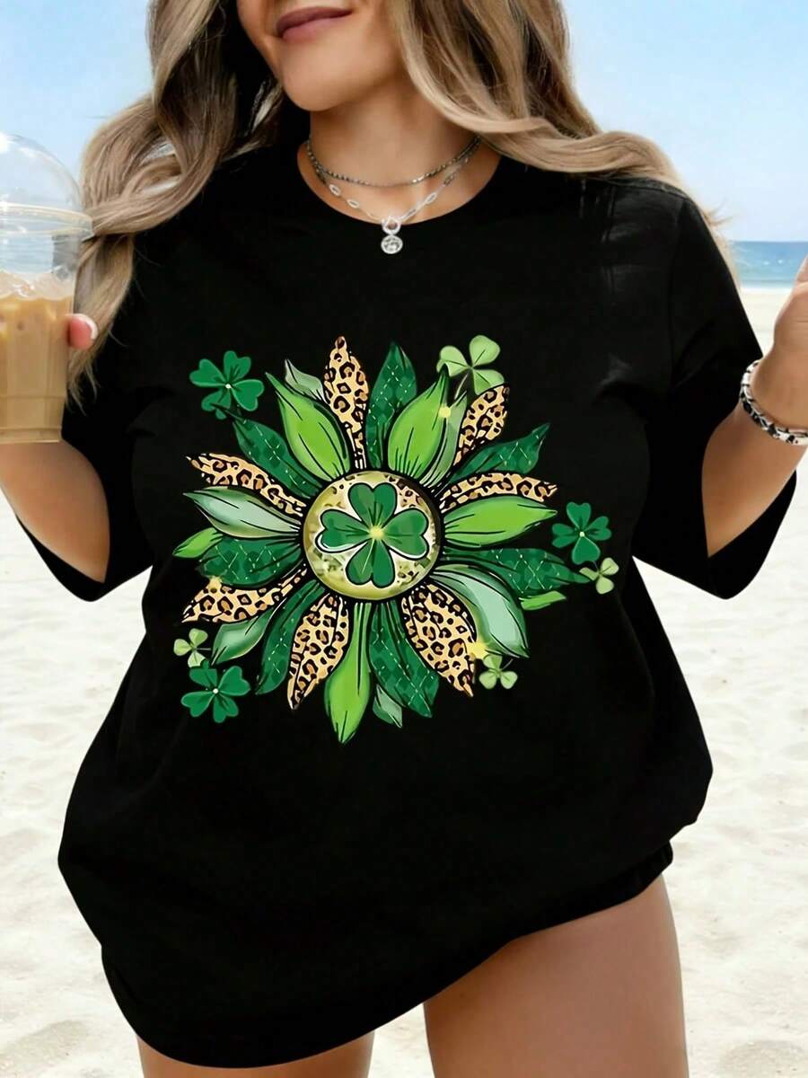 Camiseta Blanca con Estampado de Leopardo, Girasol y Trébol para el Día de San Patricio, Ropa de Playa para Mujer, Top Casual de Verano de Talla Grande - Negro - Ver 1