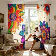 2pcs Bohemian Style Mandala Floral Print Rod Pocket Curtains, Modern Polyester Curtains, Suitable For Bedroom, Kitchen, Office, Living Room - Machine Washable, Multi-Functional Room Decor, Living Room Curtains - Multicolor - View 5