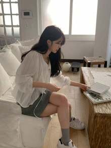 YCYC 甜美風百搭修身荷葉領緞帶百褶鈕扣長袖上衣 白色 - 白色 - 查看 5
