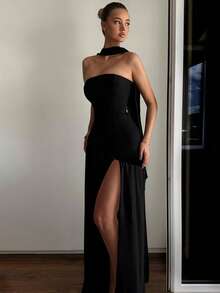 Women's Elegant Fashion Party Dress, Fitted Plain, Open Back, Floating Ribbon, European Style, New - Black - View 2