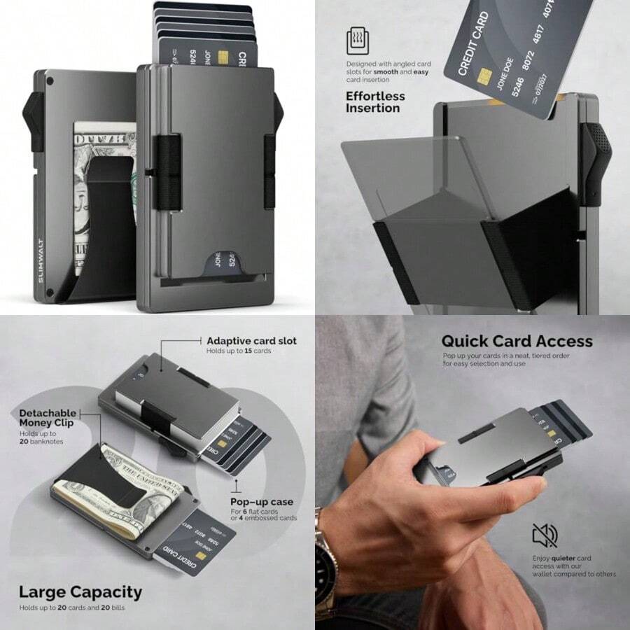 Cartera Tarjetero Hombre Minimalista Porta Tarjetas de Duradera para Hombres para 10-20 Tarjetas Billetera Inteligente con Bloqueo RFID Minimalista Card Holder con Clip para Dinero - C02 Gris - Ver 1