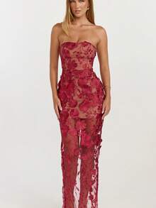 Women's Strapless Dress With Three-Dimensional Flowers, French Style, Luxurious, Lightweight, Elegant, Ideal For Parties, Ladies, Summer, Casual Fashion, New Collection - 酒紅色 - 查看 5