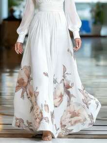Elegant Long Dress With A Combination Of French-Style Printed Tulle - White - View 3