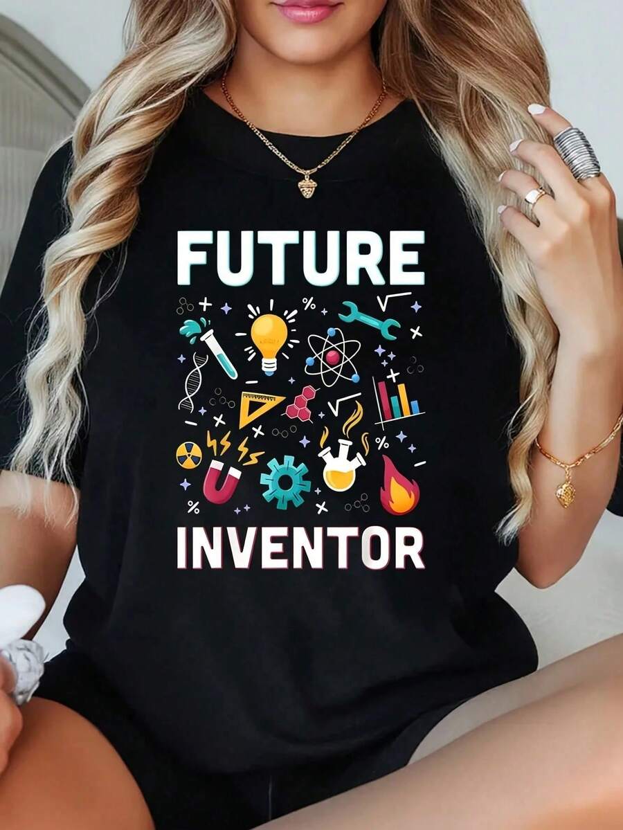 1 Pieza Camiseta de Talla Grande para Mujer 'Future Inventors' con Diseño Científico Original, Manga Corta, 220g, 100% Poliéster, Cuello Redondo Casual - Negro - Ver 1
