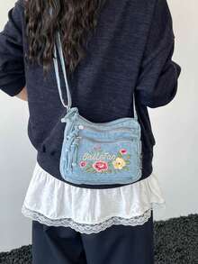 新款時尚花卉刺繡牛仔多口袋斜背包 百搭女款單肩小包 Mon Bag 適合上班、購物、通勤 - 藍色 - 查看 4
