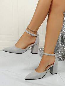 Sepatu hak blok runcing berbahan suede abu-abu untuk wanita, dengan tali pergelangan kaki dan ujung tertutup, sepatu elegan untuk kerja, pesta, dan tamu pernikahan. - Grey - View 3