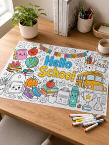 Hello School 彩繪桌布 PE 印花長方形餐墊，適合兒童返校派對、教室活動、居家娛樂、感恩節與派對裝飾 - A - 查看 9