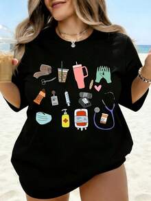 Camiseta con iconos médicos de Nurse Life para mujer, regalo para enfermera, camiseta gráfica con temática de doctor, ropa casual de verano para playa, top blanco de talla grande. - Negro - Ver 1