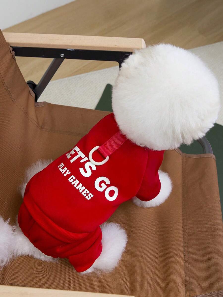 1pc English Sports Fleece Hooded Sweatshirt Four-Legged Dog Clothes For Small Dogs, Schnauzer, Pomeranian, Shiba Inu, Autumn - Red - View 1