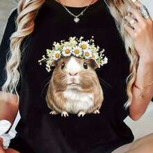 Women's T-Shirt With Guinea Pig Print, Short Sleeve, Round Neck, Lightweight, Polyester Blend, Spring And Summer Essential - 黑 - 查看 2