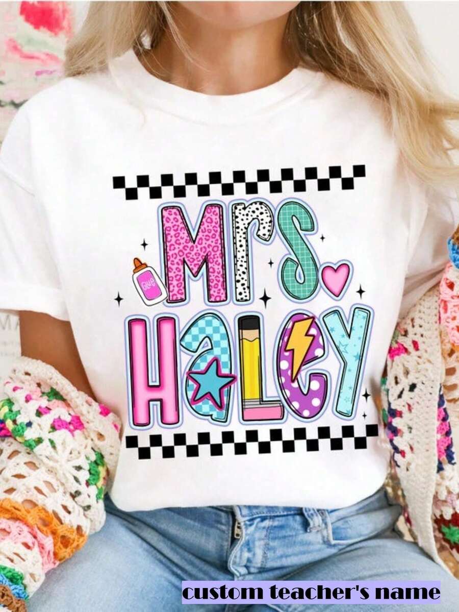 1 Teacher T-Shirt, Back To School T-Shirt, Personalized T-Shirts With The Teacher's Name, Preppy Style For The First Day Of School, T-Shirt For A New Teacher - 白色 - 查看 1