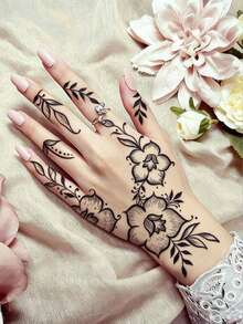 1pc Washable Black Henna Floral Vine Tattoo Sticker, Waterproof Long-Lasting Hand Back Realistic Temporary Tattoo Decal, Lasts 2-3 Days - 黑色 - 查看 3