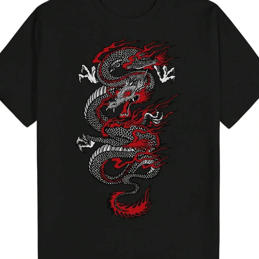 Camiseta Casual para Hombre con Estampado de Dragón - Negra con Diseño de Dragón Rojo y Blanco, Cuello Redondo, Mangas Cortas, Ideal para el Verano - Multicolor - Ver 1