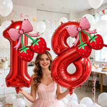 2件組 40英吋紅色數字草莓蝴蝶結氣球套組，適合婚禮、生日、週年紀念、單身派對、畢業派對裝飾，草莓主題派對佈置 - 紅色 - 查看 4