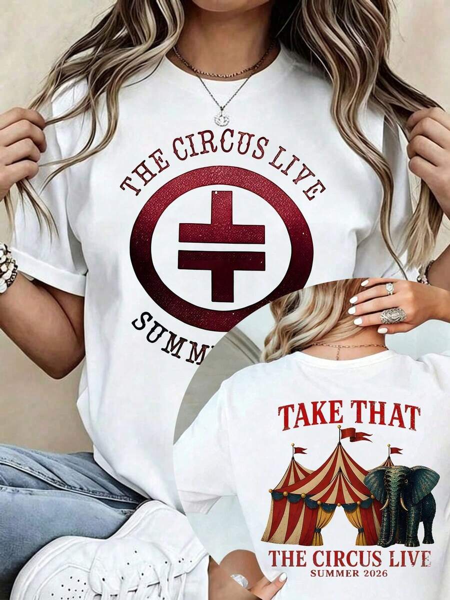 Camiseta de la gira de verano 2026 de Take That The Circus, con estampado doble en la parte delantera y trasera de una carpa de circo y un elefante, de cuello redondo, manga corta, unisex, e - Blanco - Ver 1