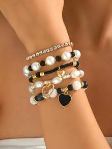 5pcs Elegant Vintage Fashion ABS Faux Pearl Oil Drop Heart Pendant Rhinestone Faux Crystal Beaded Bracelet Set For Women, Suitable For Daily Commute, Party, Beach Vacation Wear - Heart-shaped Pearl Bracelet Set - View 9