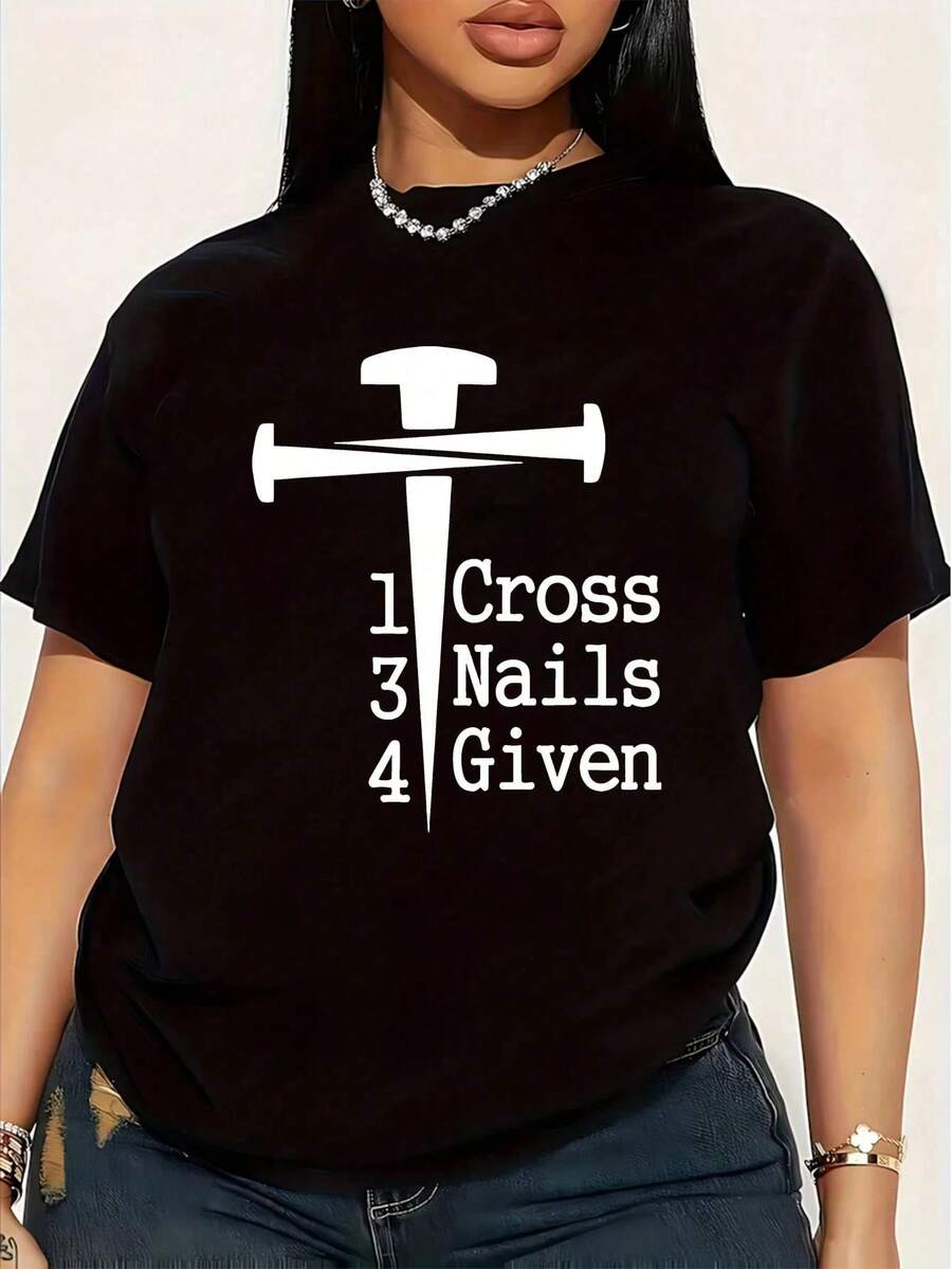 1 Cross 3 Nail 4 Given Women's Plus Size T-Shirt, 1 Piece, Fun, Graphic Print, Short Sleeve, Novelty, 100% Cotton, Casual, Crew Neck, 220g - 黑色 - 查看 1