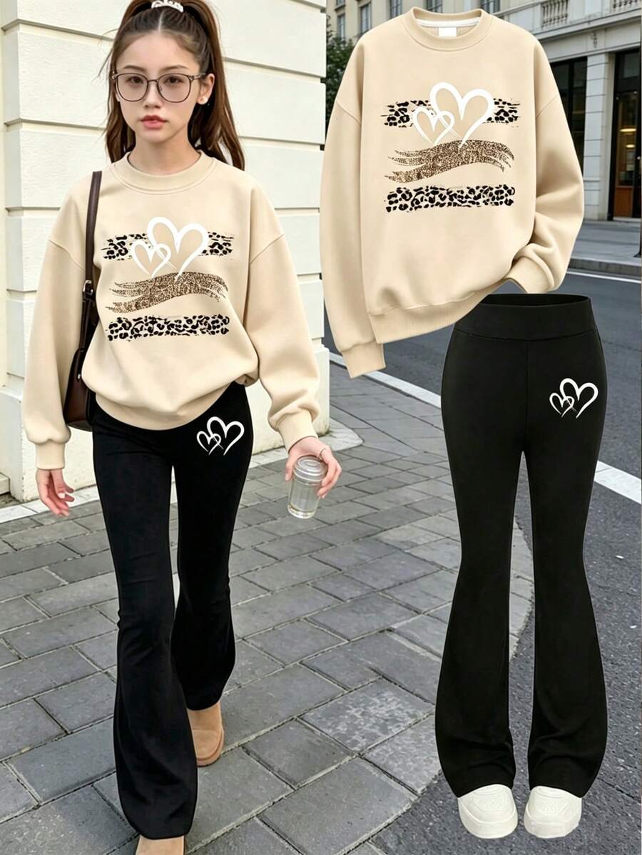 2pcs/Set Girls' Heart Pattern Comfortable Fabric Casual Streetwear Outfit, Suitable For Spring & Autumn - Apricot - View 1
