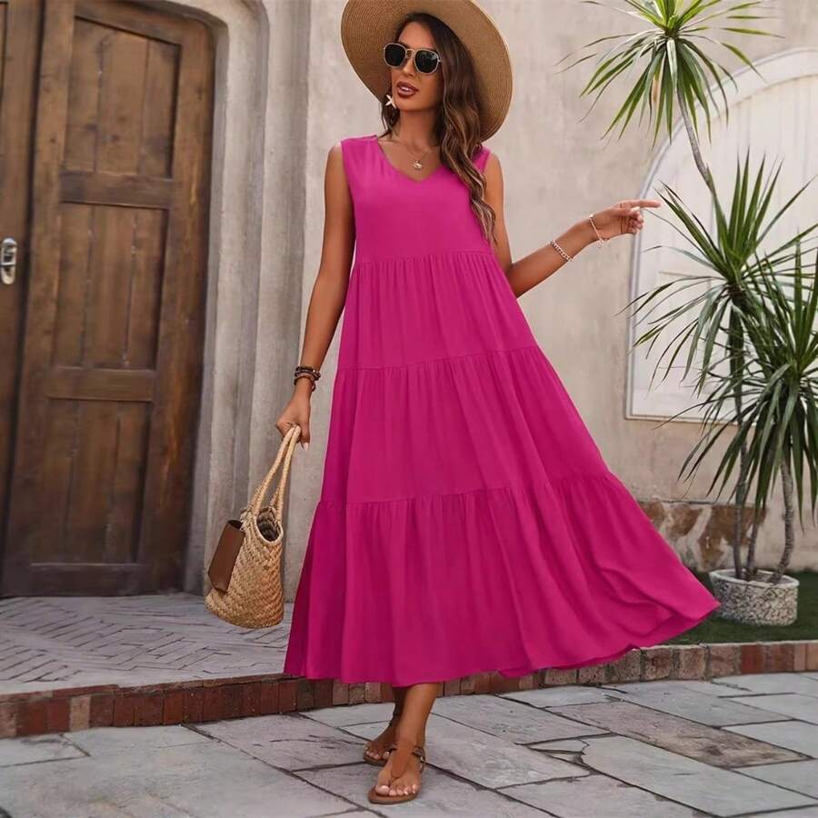 Elegant Holiday Midi Dress, V-Neck, Pastel Layered Design, Solid Color, Loose Fit - 玫紅色 - 查看 1