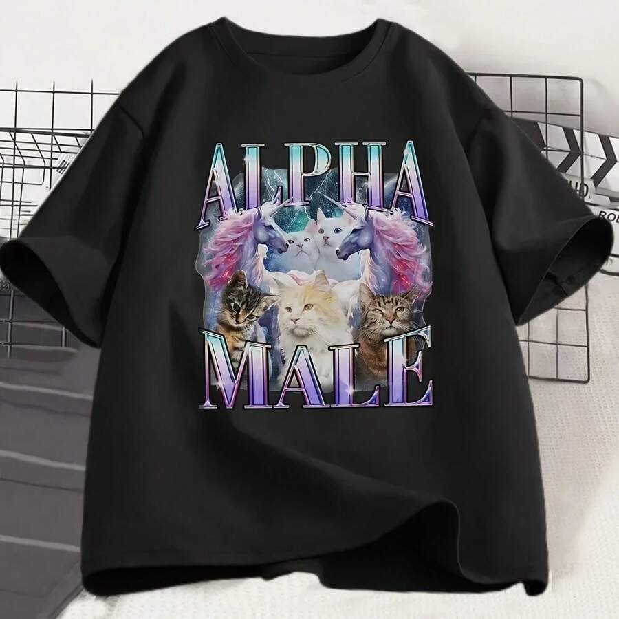 Camiseta Alpha Unicorn Cat para mujer, sárdastica, retro de los años 90, divertida, con meme de arcoíris, gato peculiar, ropa informal, top estético - Multicolor - Ver 1