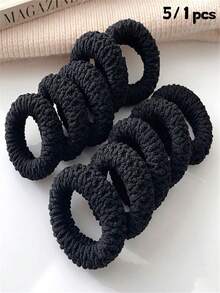 5/1 piezas Bandas elásticas para el cabello anchas y negras, estilo minimalista, ligas para el cabello de alta elasticidad para mujeres, adecuadas para uso diario, actividades al aire libre, deportes casuales, accesorios para el cabello, regalo, anillos de cabello gruesos sin costuras, adecuados para colas de caballo, no dañinos para uso diario - Negro - Ver 1