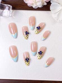 10 Stück handgefertigte mandelförmige Nagelaufkleber, Blau & Gelb Kontrast, französische Spitzenkante, Polka Dot, handgemalte Blaubeere, lebhaft sonnig, exquisite Sommer-Maniküre, schnell entfernbar, Press-On Kunstnägel - Verschiedenfarbig - Übersicht 5