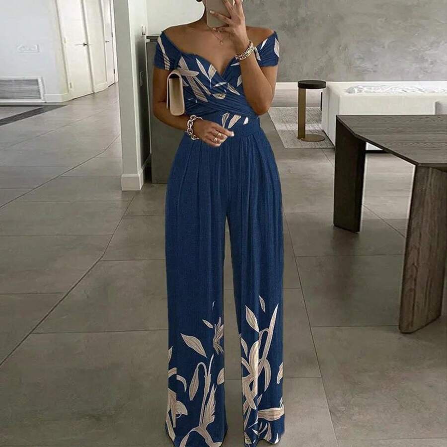 Fashionable Jumpsuit, New Spring Collection For Women, Printed, Off-The-Shoulder And High-Waisted, Elegant And Modern Style - Blue Print - View 1