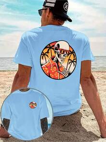 Una camiseta casual para hombre con un diseño creativo, que presenta un estampado de calaveras hawaianas en ambos lados, estilo retro americano, audaz y único, de corte holgado, con estampad - Negro - Ver 7